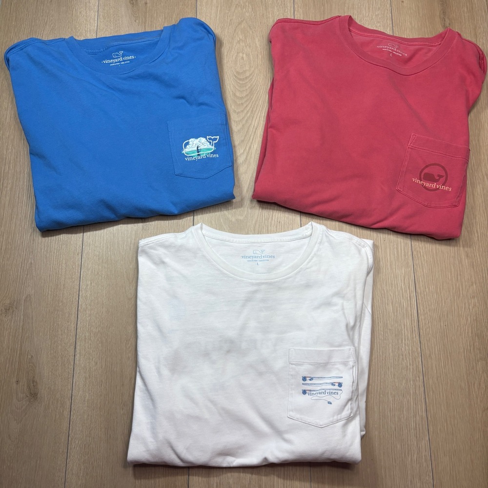LOT OF 3 - Vineyard Vines Mens Long Sleeve Pocket T-Shirts Large Blue Pink White